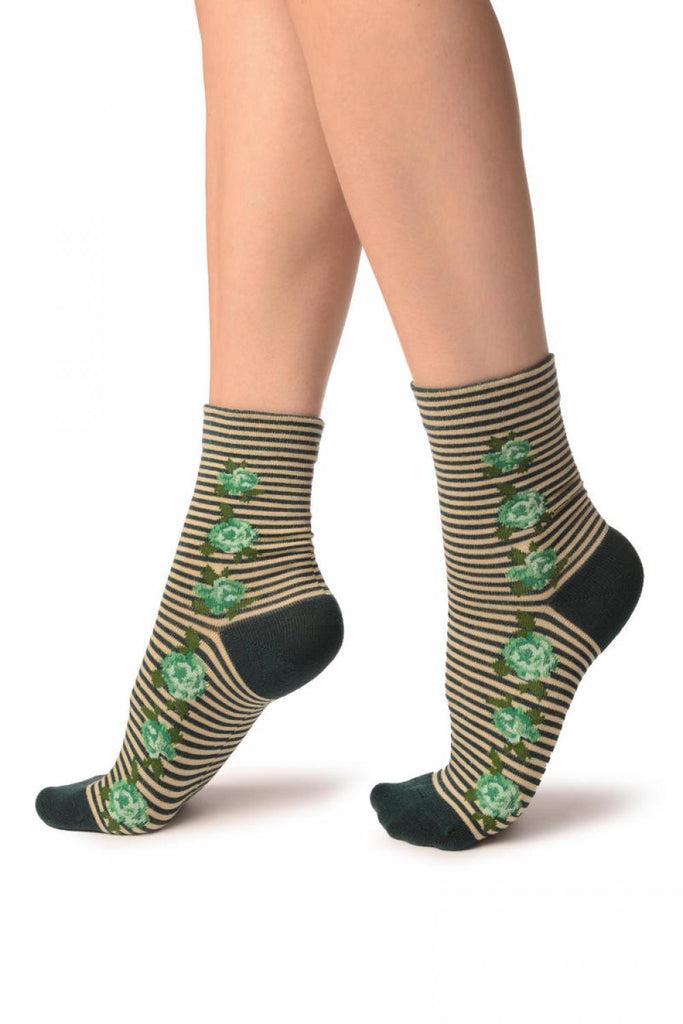 Liss Kiss Green & Beige Stripes & Roses With Comfort Top Ankle High Socks - Socks