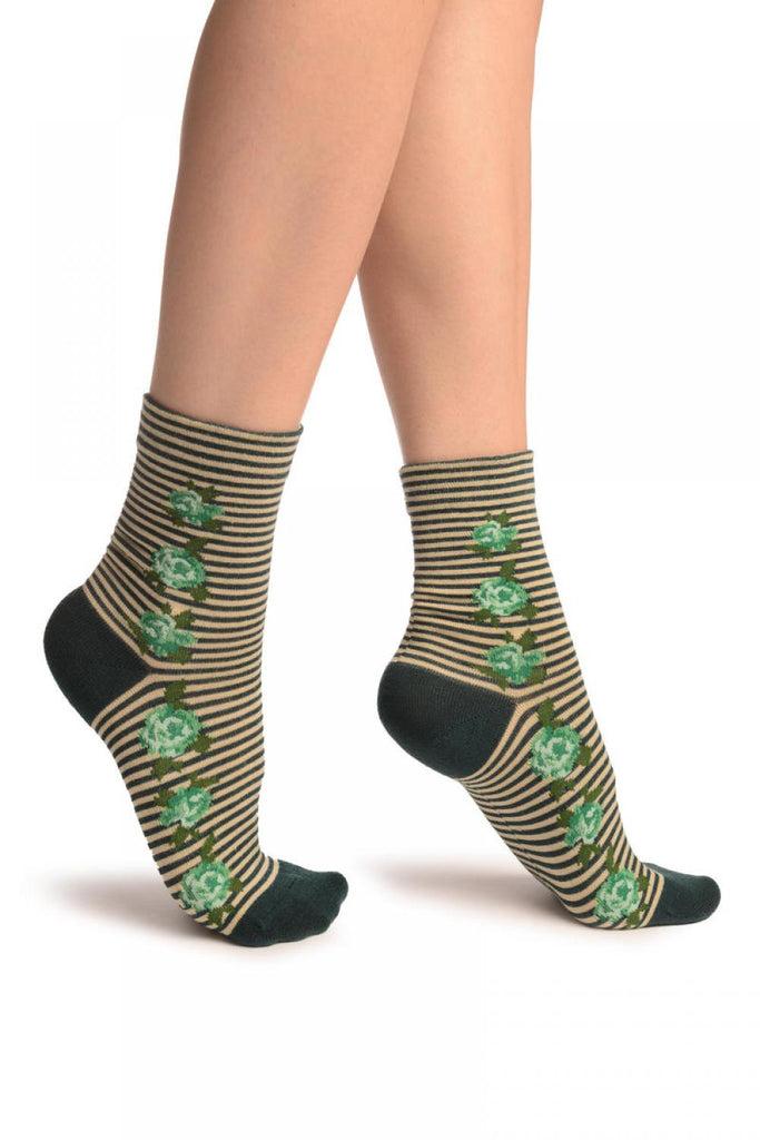 liss kiss Green & Beige Stripes & Roses With Comfort Top Ankle High Socks - Socks