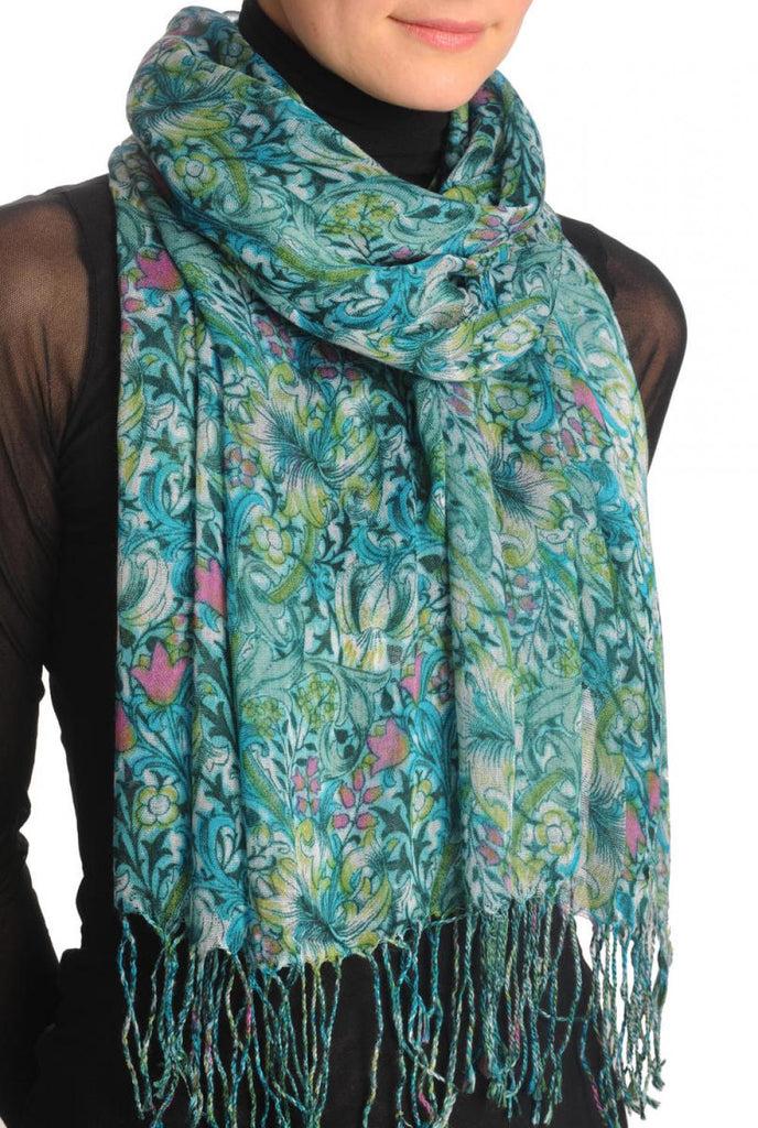 Liss Kiss Green & Blue Lilly Flowers With Tessels - Scarf