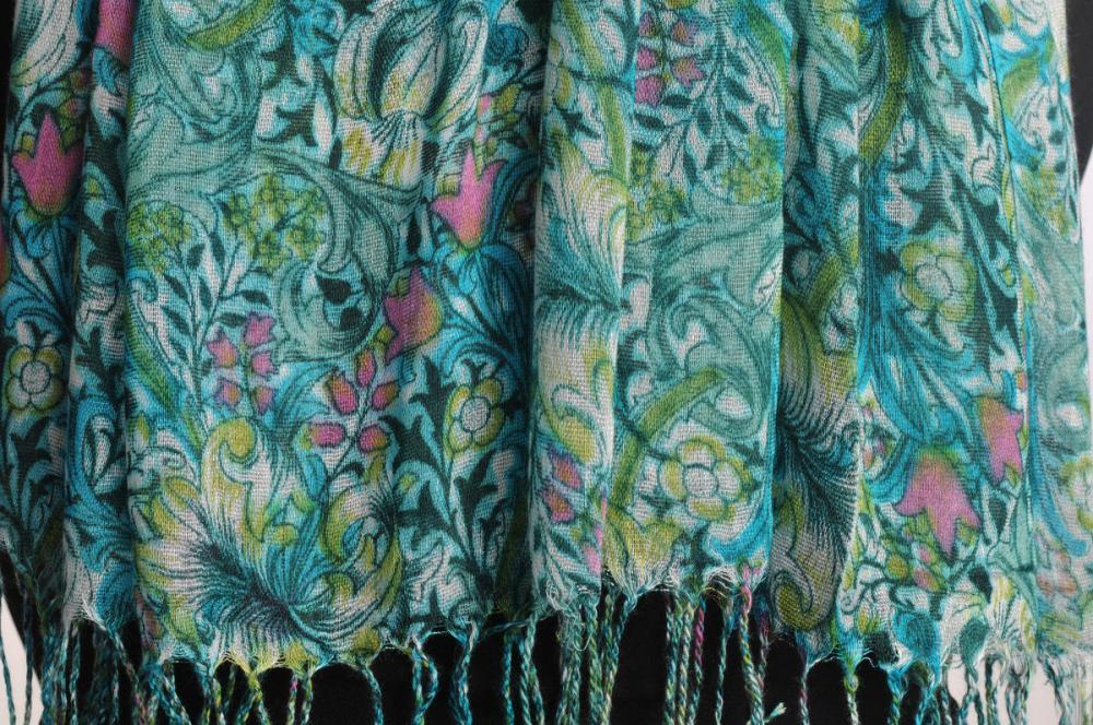 Liss Kiss Green & Blue Lilly Flowers With Tessels - Scarf