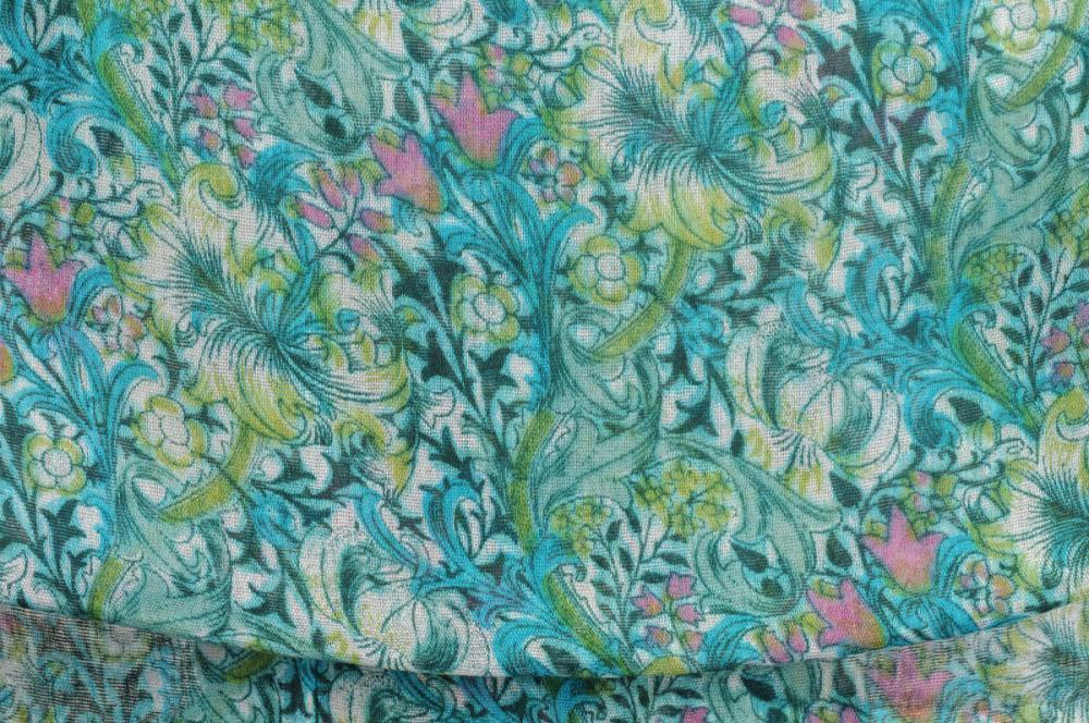 Liss Kiss Green & Blue Lilly Flowers With Tessels - Scarf