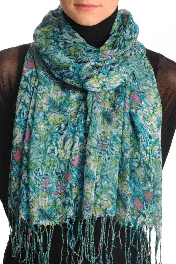 Liss Kiss Green & Blue Lilly Flowers With Tessels - Scarf
