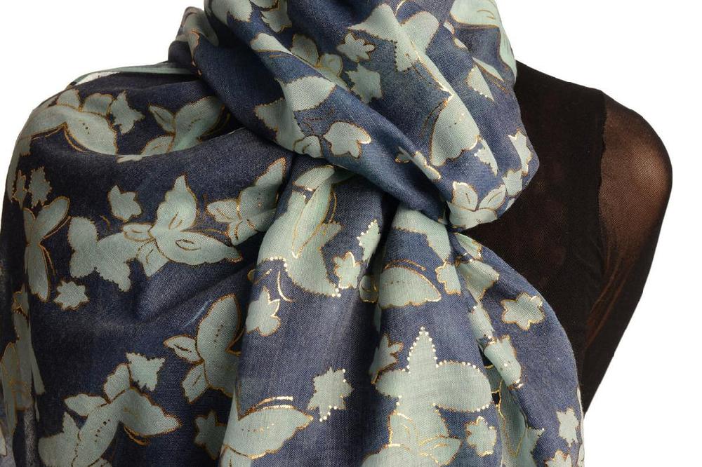 Liss Kiss Green Butterflies With Gold Trim On Blue Scarf - Scarf