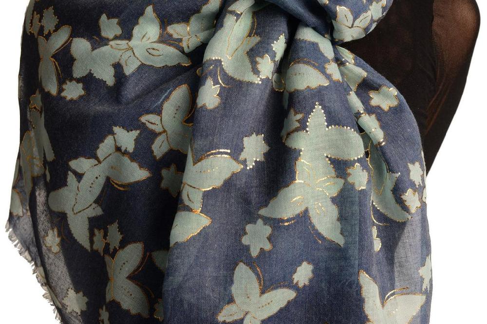 Liss Kiss Green Butterflies With Gold Trim On Blue Scarf - Scarf