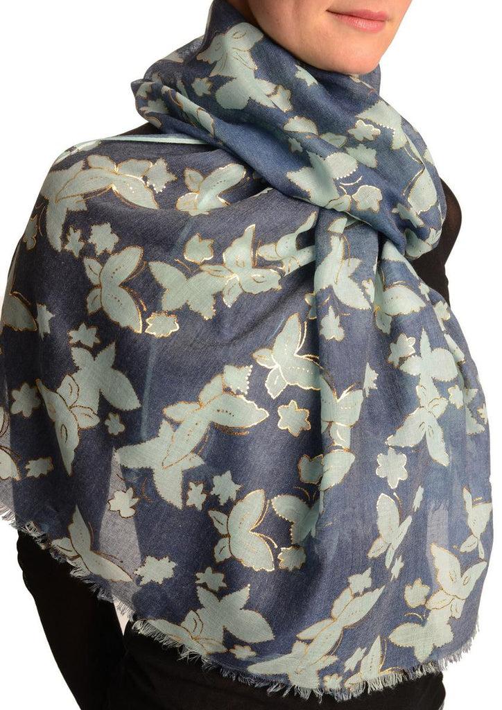 Liss Kiss Green Butterflies With Gold Trim On Blue Scarf - Scarf