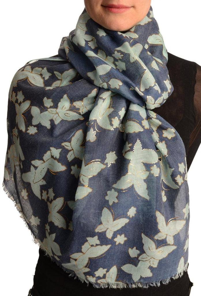 liss kiss Green Butterflies With Gold Trim On Blue Scarf - Scarf