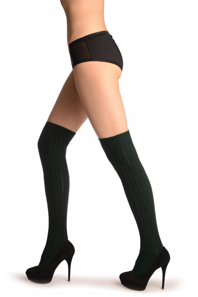 Liss Kiss Green Cotton Plaits & Stripes With Elasticated Top - Hold Ups
