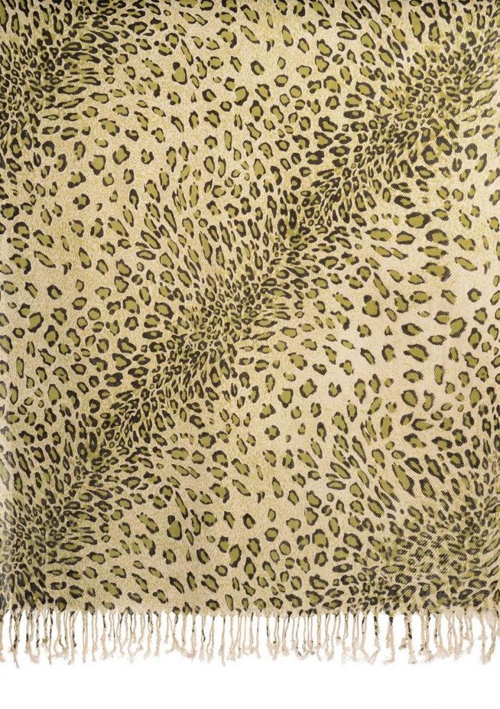Liss Kiss Green Diagonal Leopard On White Pashmina Feel With Tassels - Scarf