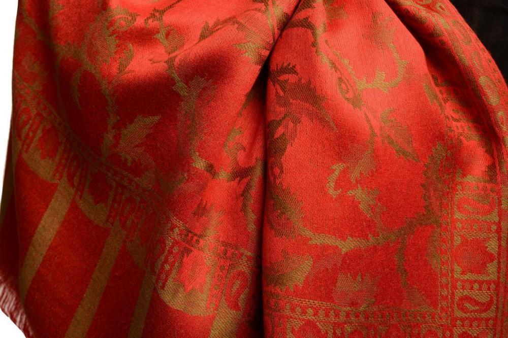Liss Kiss Green Large Paisley On Red Pashmina Feel - Scarf