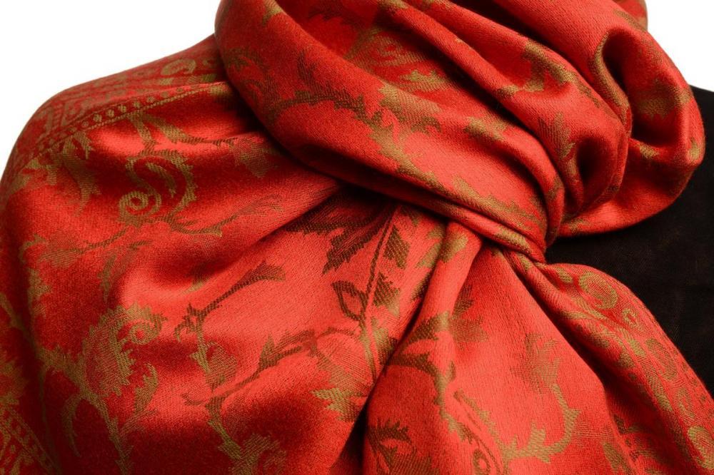 Liss Kiss Green Large Paisley On Red Pashmina Feel - Scarf