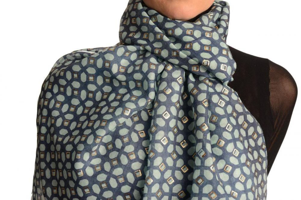 Liss Kiss Green Moroccan Diamond Grid With Gold Trim On Blue Scarf - Scarf