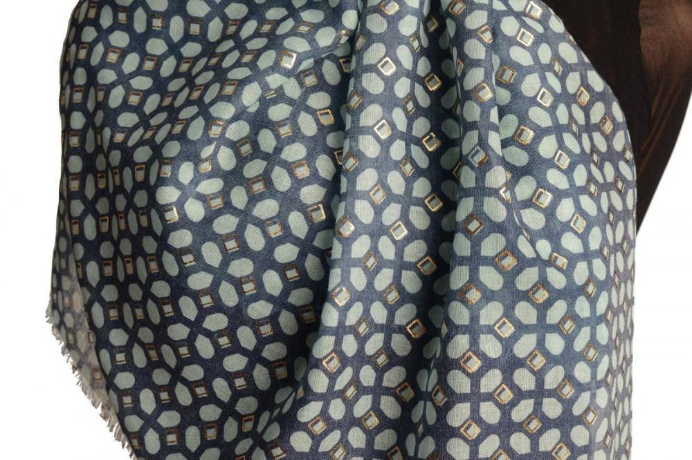 Liss Kiss Green Moroccan Diamond Grid With Gold Trim On Blue Scarf - Scarf