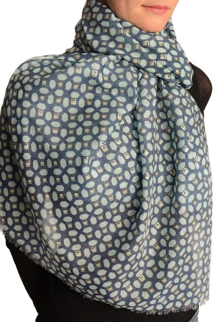 Liss Kiss Green Moroccan Diamond Grid With Gold Trim On Blue Scarf - Scarf