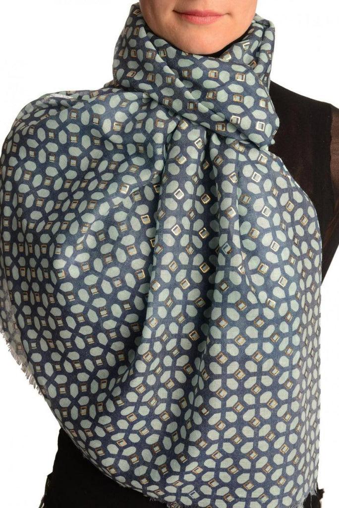 Liss Kiss Green Moroccan Diamond Grid With Gold Trim On Blue Scarf - Scarf