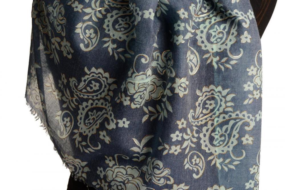 Liss Kiss Green Paisley With Gold Trim On Blue Scarf - Scarf