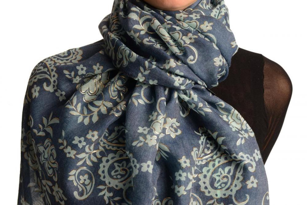 Liss Kiss Green Paisley With Gold Trim On Blue Scarf - Scarf