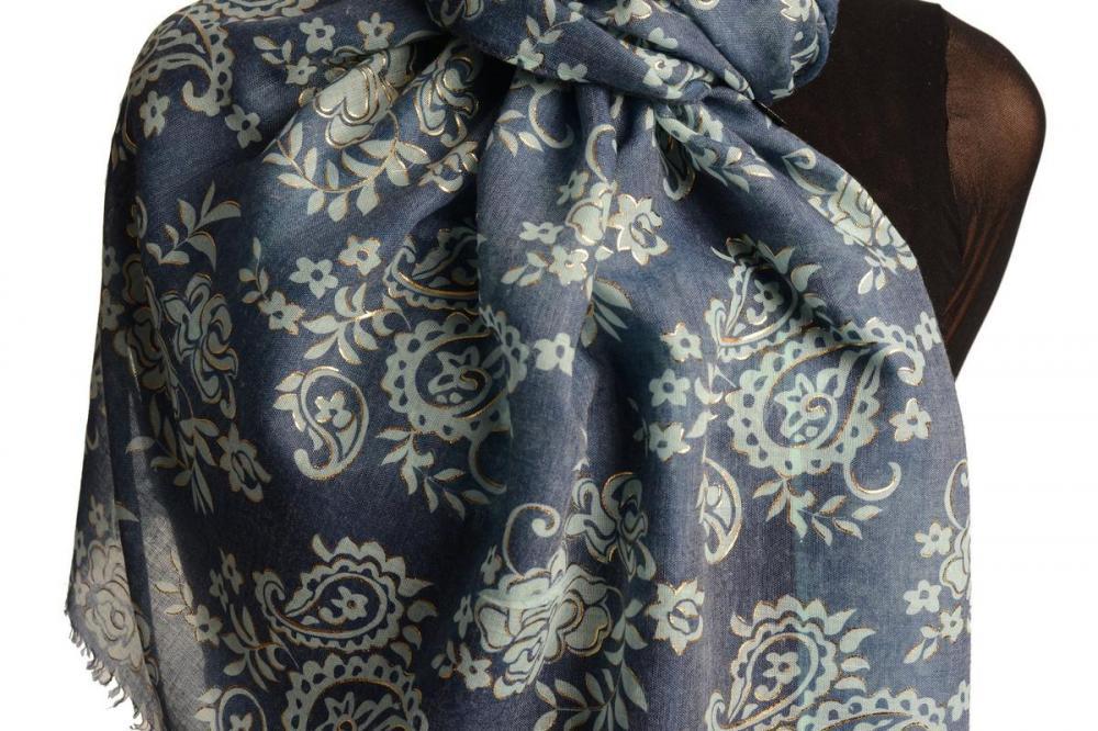 Liss Kiss Green Paisley With Gold Trim On Blue Scarf - Scarf