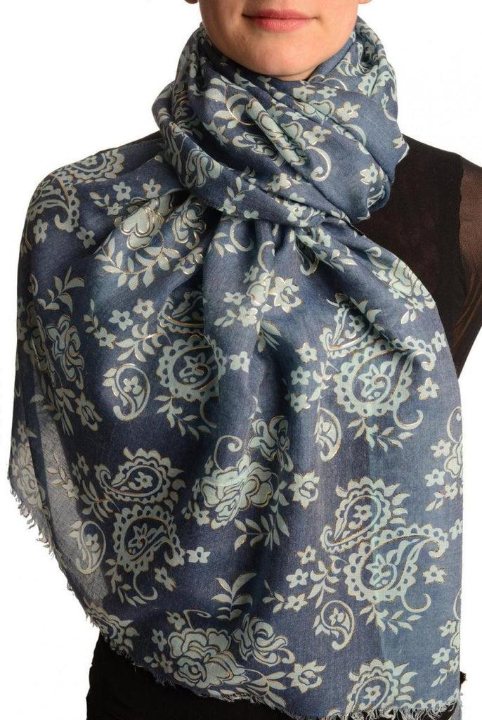 liss kiss Green Paisley With Gold Trim On Blue Scarf - Scarf