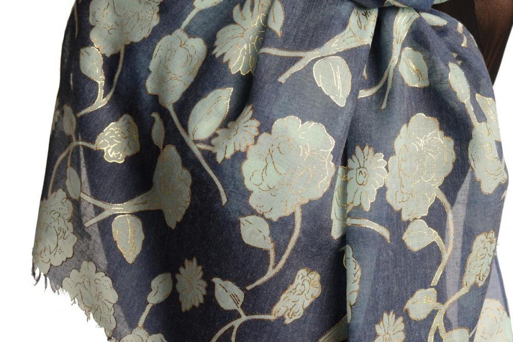 Liss Kiss Green Roses With Gold Trim On Blue Scarf - Scarf