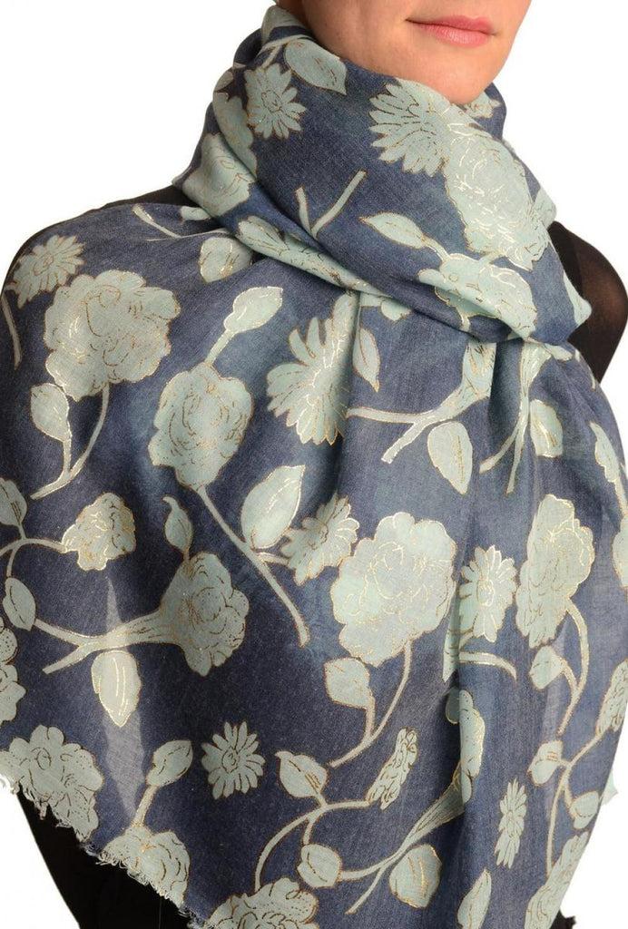 Liss Kiss Green Roses With Gold Trim On Blue Scarf - Scarf