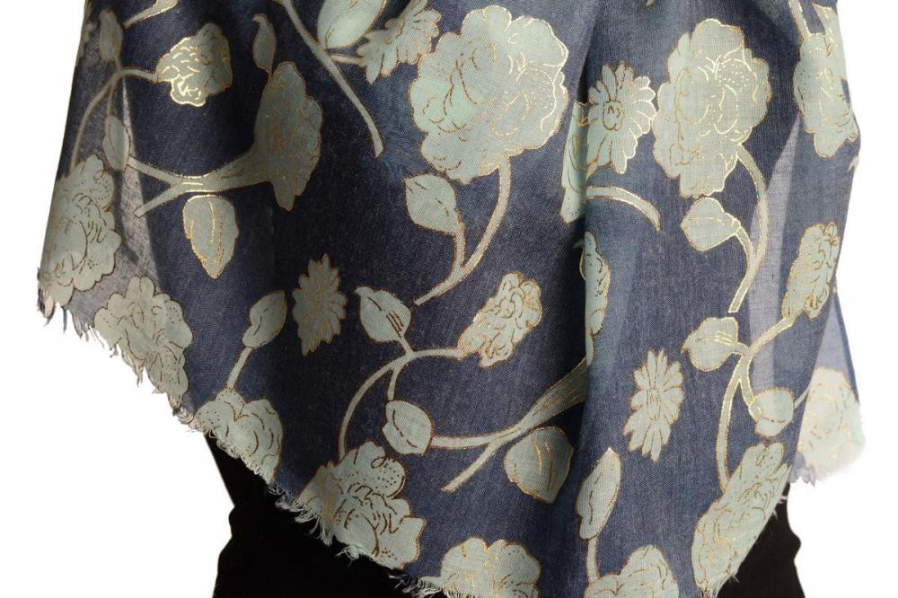 Liss Kiss Green Roses With Gold Trim On Blue Scarf - Scarf