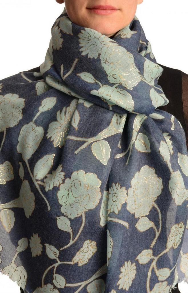 liss kiss Green Roses With Gold Trim On Blue Scarf - Scarf