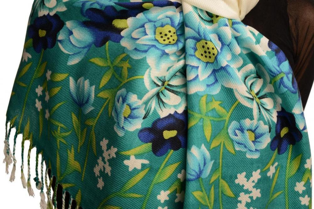 Liss Kiss Green Spring Flowers On White Pashmina Feel With Tassels - Scarf