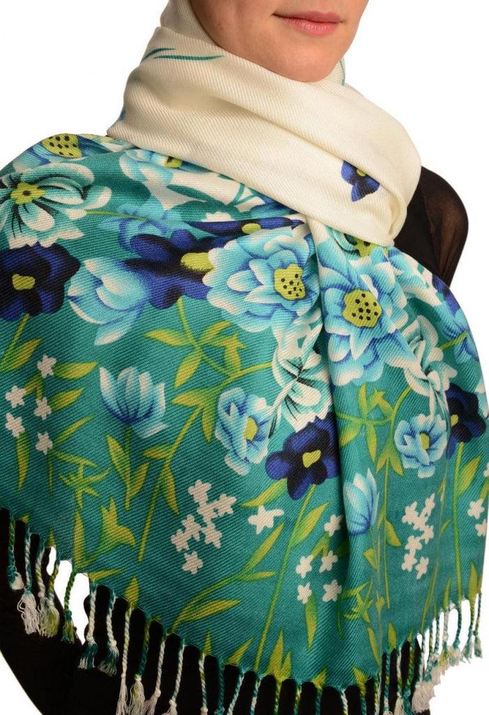 Liss Kiss Green Spring Flowers On White Pashmina Feel With Tassels - Scarf
