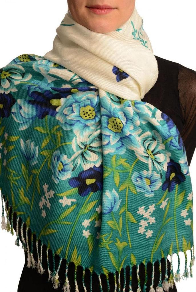liss kiss Green Spring Flowers On White Pashmina Feel With Tassels - Scarf