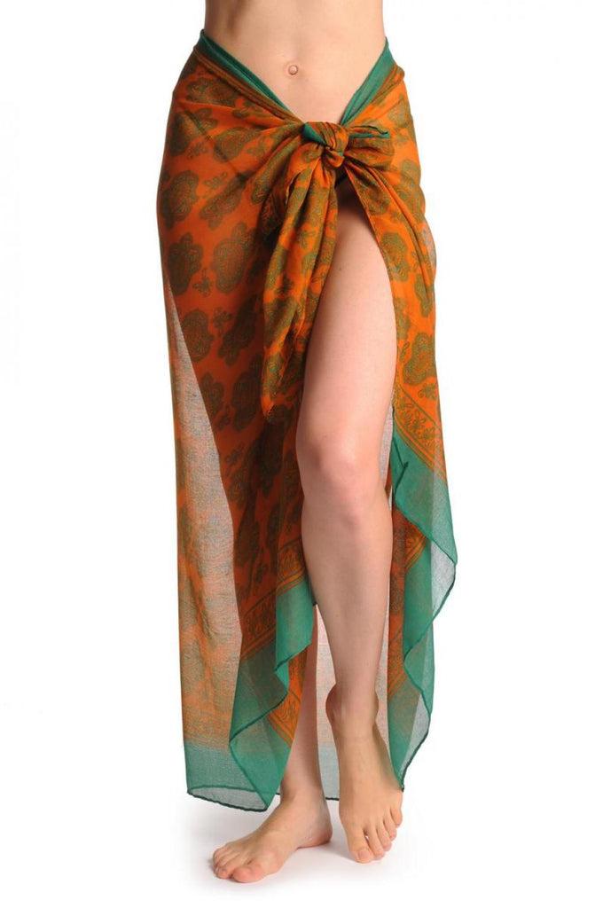 Liss Kiss Green Turkish Flowers On Cyber Orange Unisex Scarf & Beach Sarong - Scarf