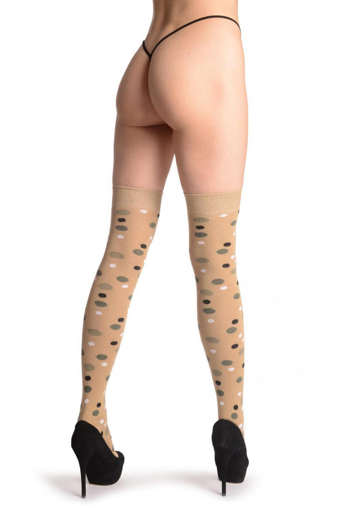 Liss Kiss Green White & Black Dots On Mocha - Over The Knee Socks