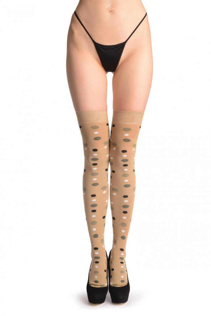 Liss Kiss Green White & Black Dots On Mocha - Over The Knee Socks