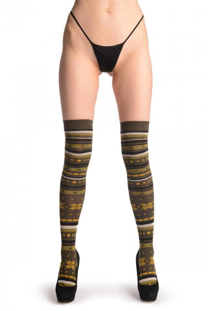Liss Kiss Green White & Yellow Fairisle - Over The Knee Socks