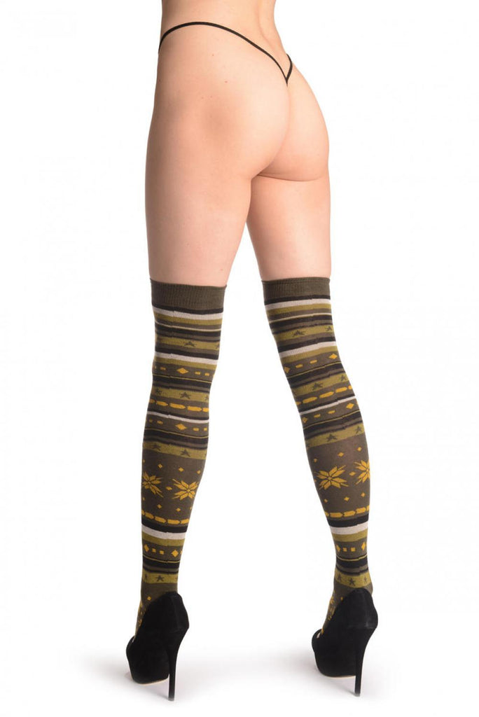 Liss Kiss Green White & Yellow Fairisle - Over The Knee Socks