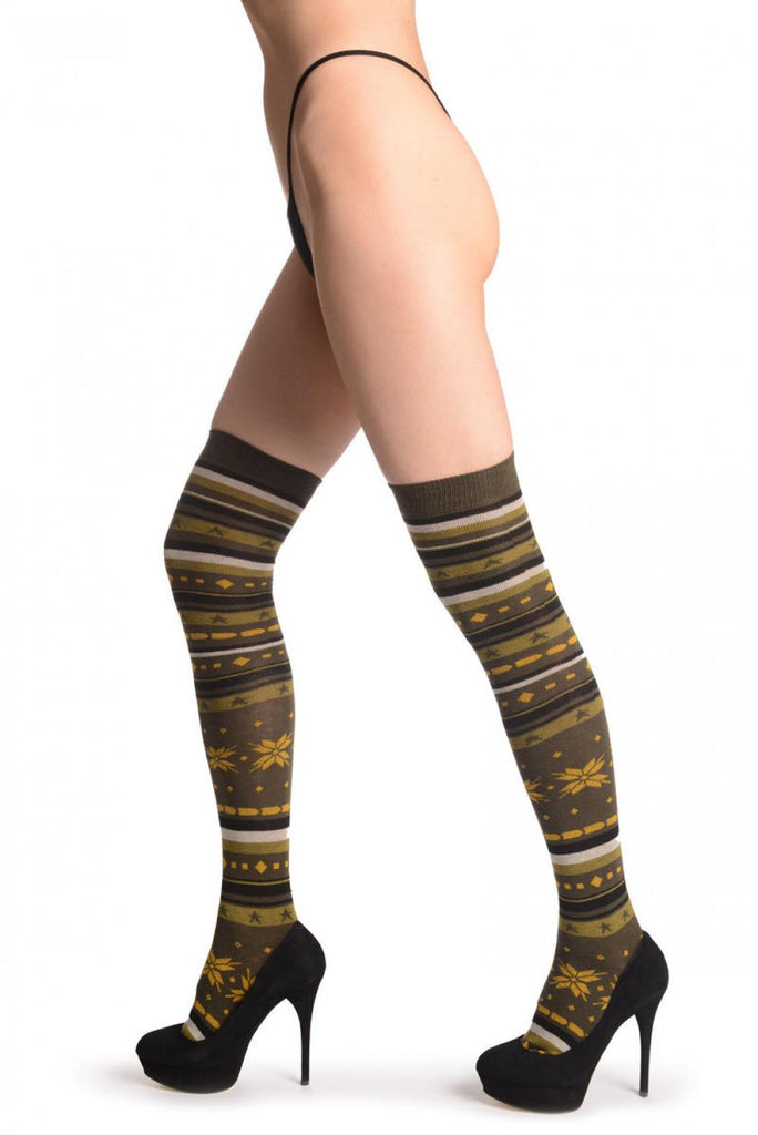 Liss Kiss Green White & Yellow Fairisle - Over The Knee Socks