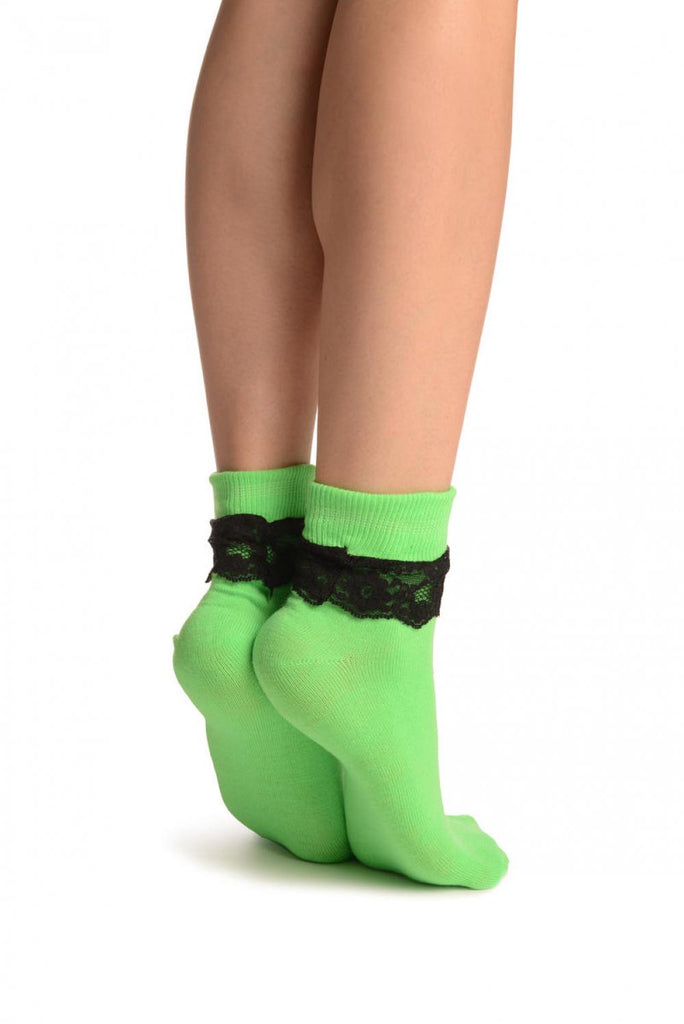 Liss Kiss Green With Black Lace Trim Ankle High Socks - Socks