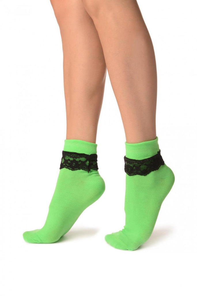 Liss Kiss Green With Black Lace Trim Ankle High Socks - Socks