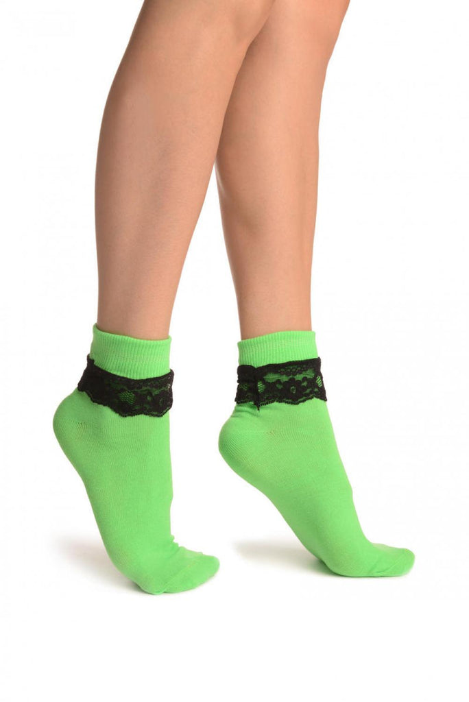 liss kiss Green With Black Lace Trim Ankle High Socks - Socks