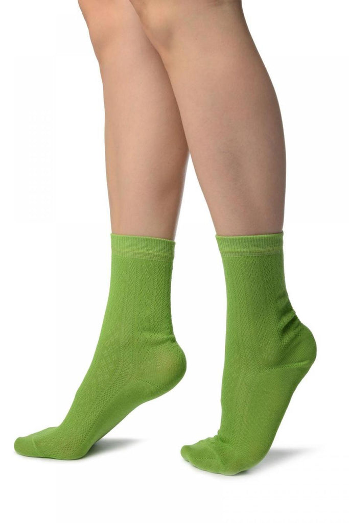 Liss Kiss Green With Crocheted Stripes Ankle High Socks - Socks