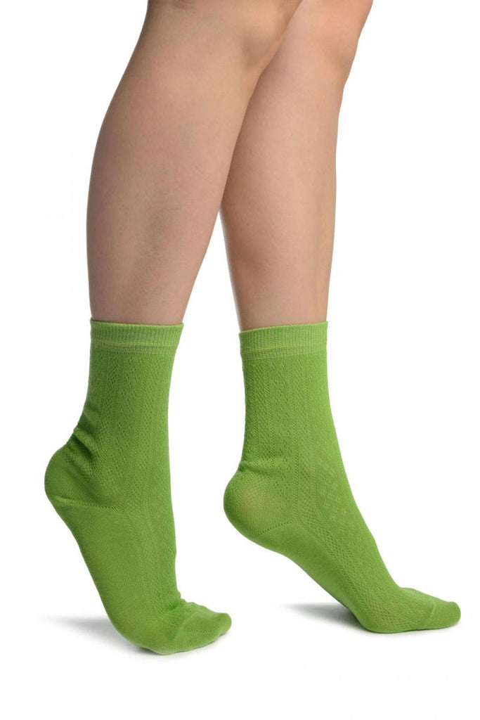 liss kiss Green With Crocheted Stripes Ankle High Socks - Socks