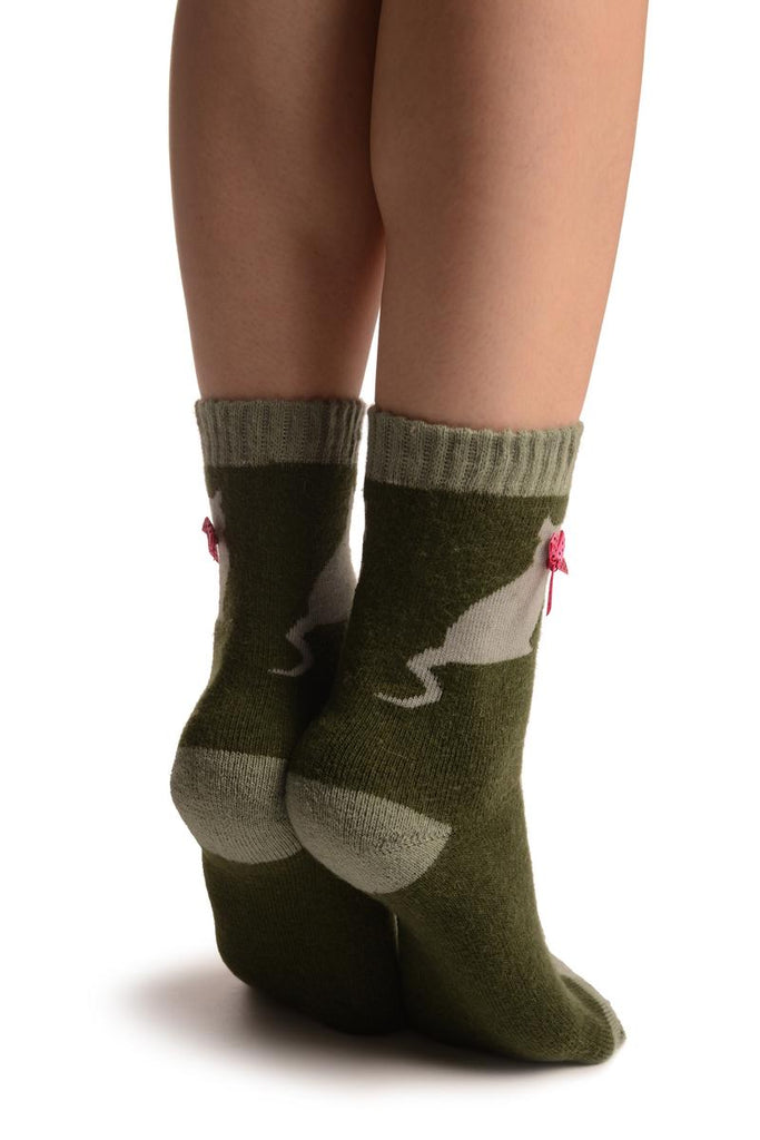 Liss Kiss Green With Cute Cat & Satin Bow Angora Ankle High Socks - Socks