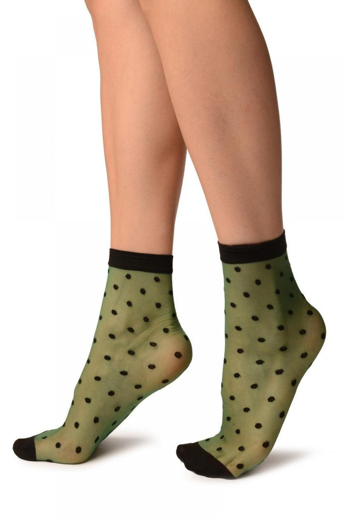 Liss Kiss Green With Medium Black Polka Dots Ankle High Socks - Socks