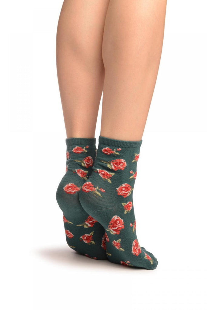 Liss Kiss Green With Red Woven Roses Ankle High Socks - Socks