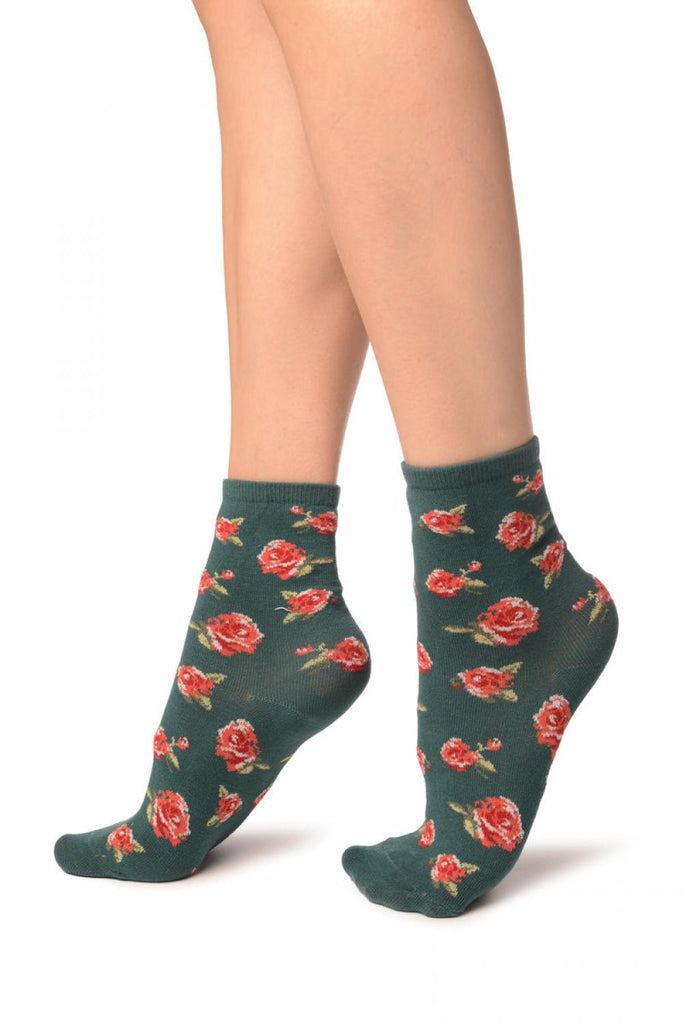 Liss Kiss Green With Red Woven Roses Ankle High Socks - Socks