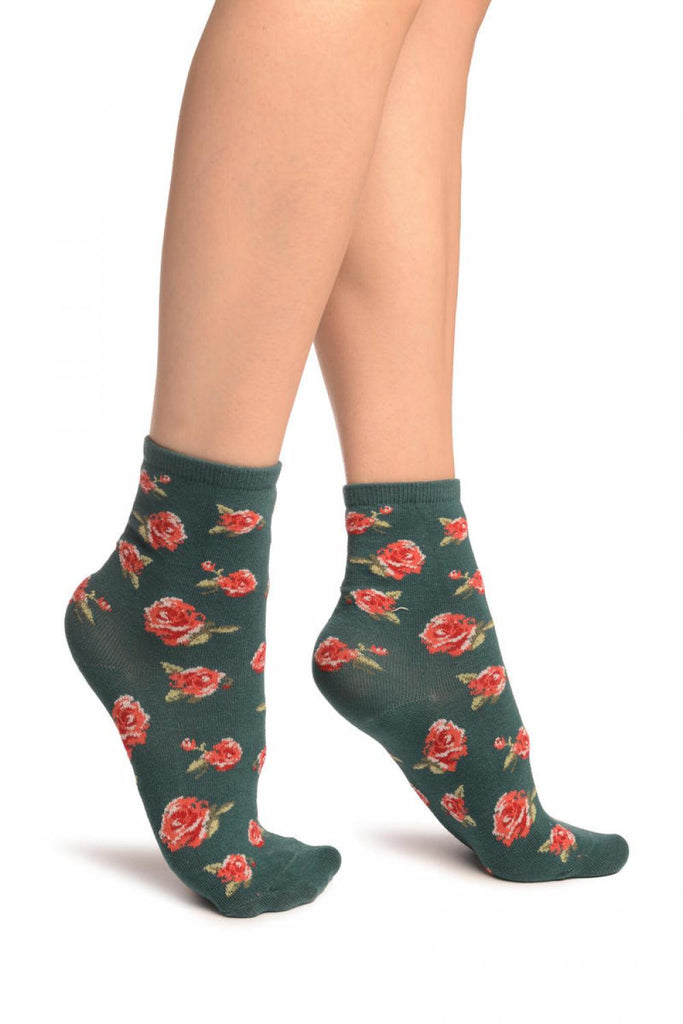 liss kiss Green With Red Woven Roses Ankle High Socks - Socks