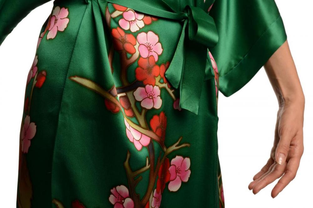 Liss Kiss Green With Sakura Bloom Luxurious Silk Dressing Gown (Robe) - Dressing Gown