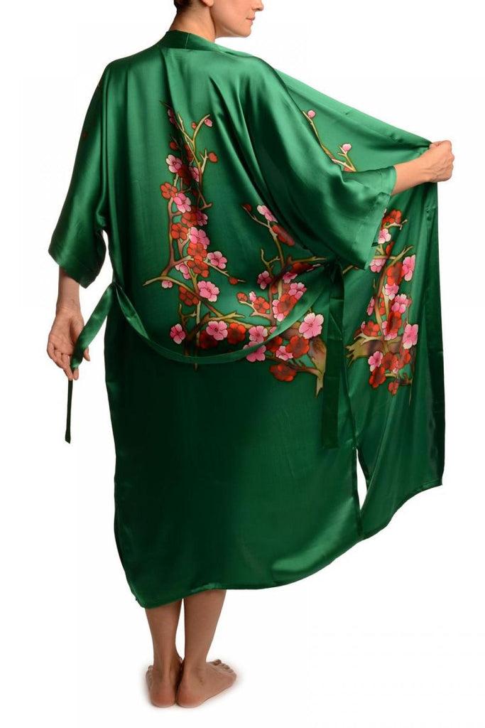 Liss Kiss Green With Sakura Bloom Luxurious Silk Dressing Gown (Robe) - Dressing Gown