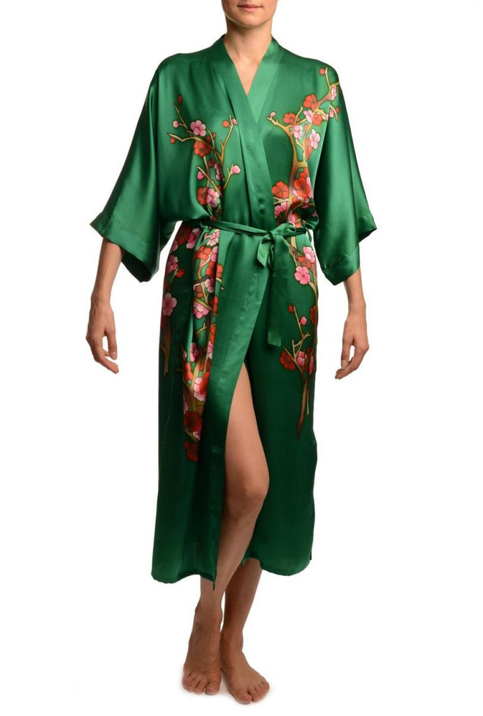 liss kiss Green With Sakura Bloom Luxurious Silk Dressing Gown (Robe) - Dressing Gown
