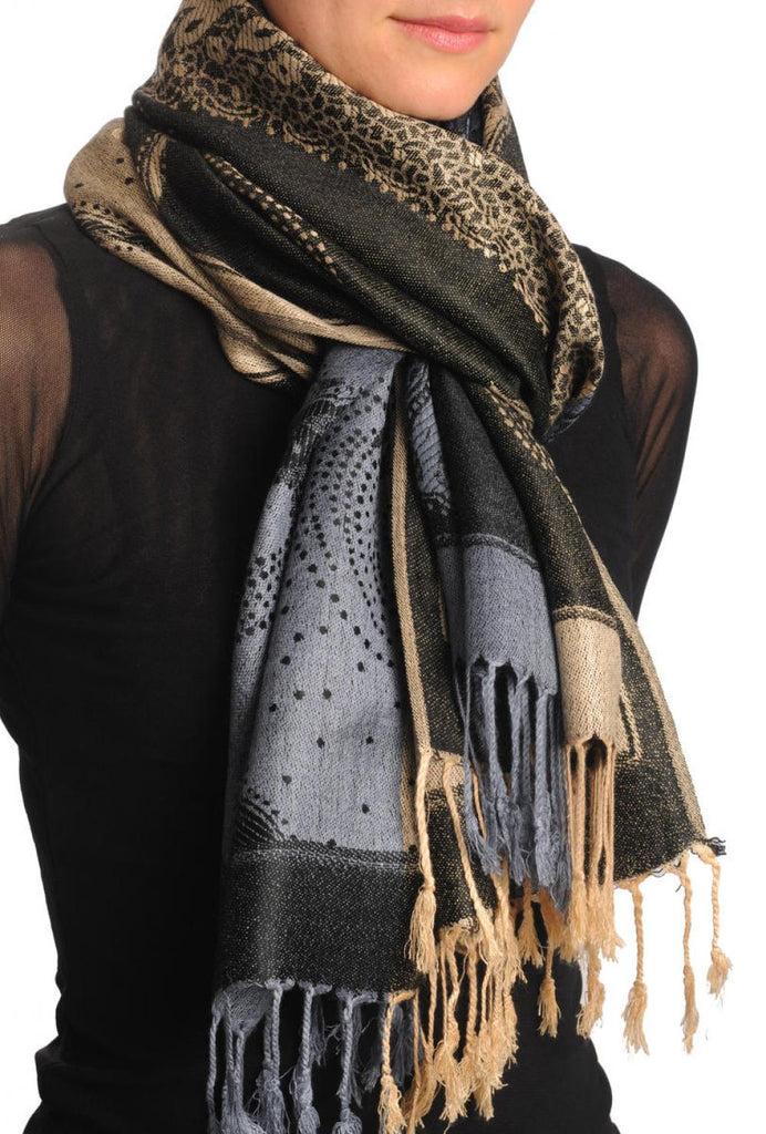 Liss Kiss Grey & Beige Roses Reversed On Black Pashmina With Tassels - Scarf