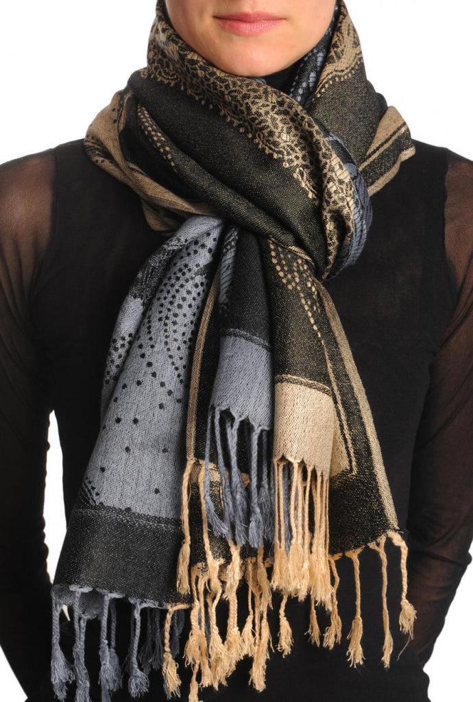 liss kiss Grey & Beige Roses Reversed On Black Pashmina With Tassels - Scarf